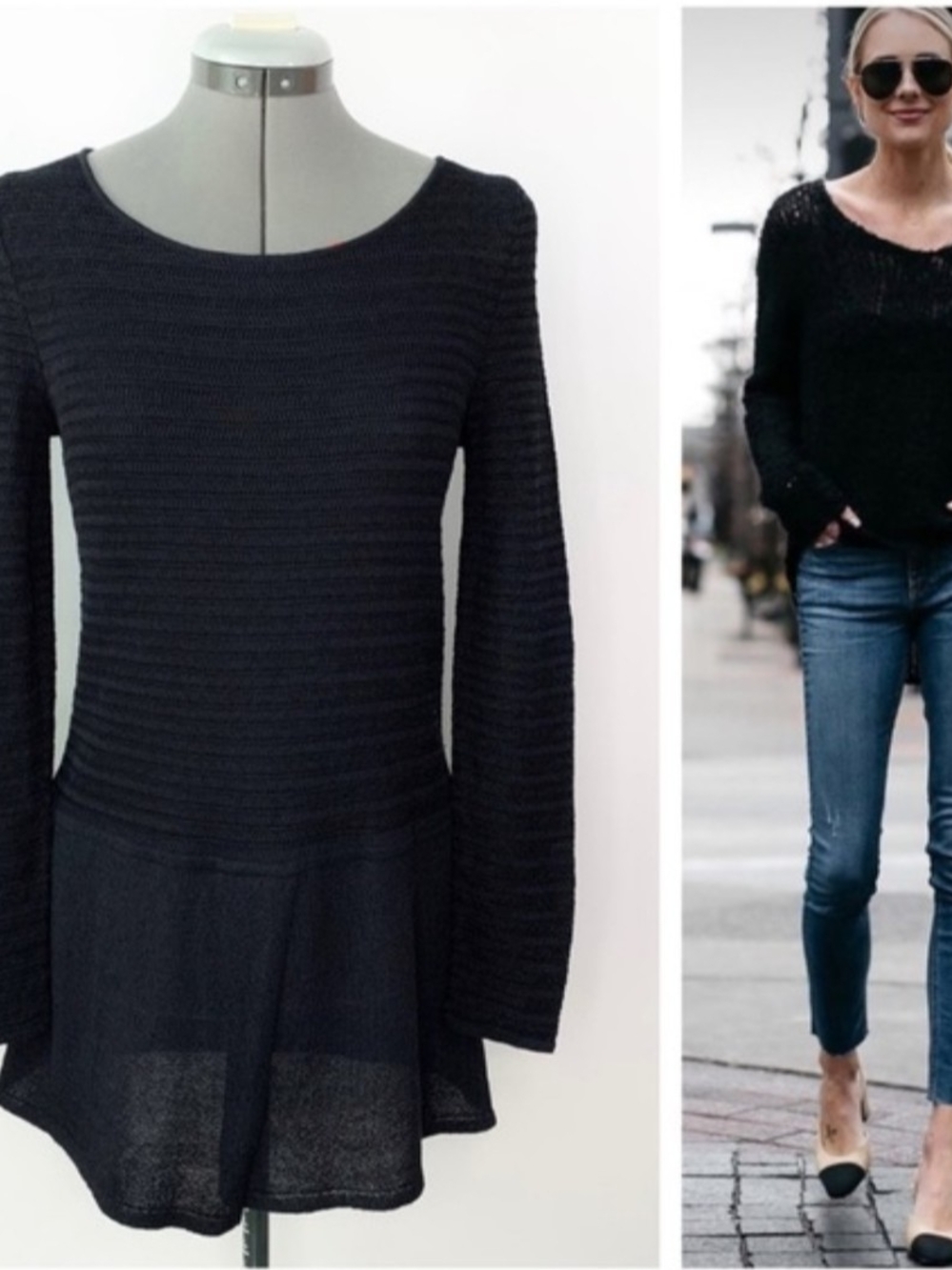 MaxMara Black Scoop Neck Peplum Knit Sweater